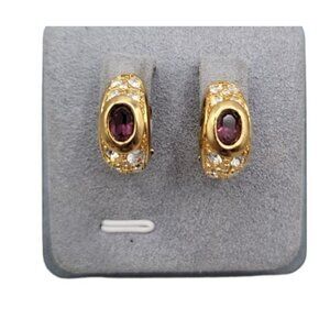 Swarovski Signed Clip-on Earrings Huggie Style Gold Tone Pink & Clear Crystals